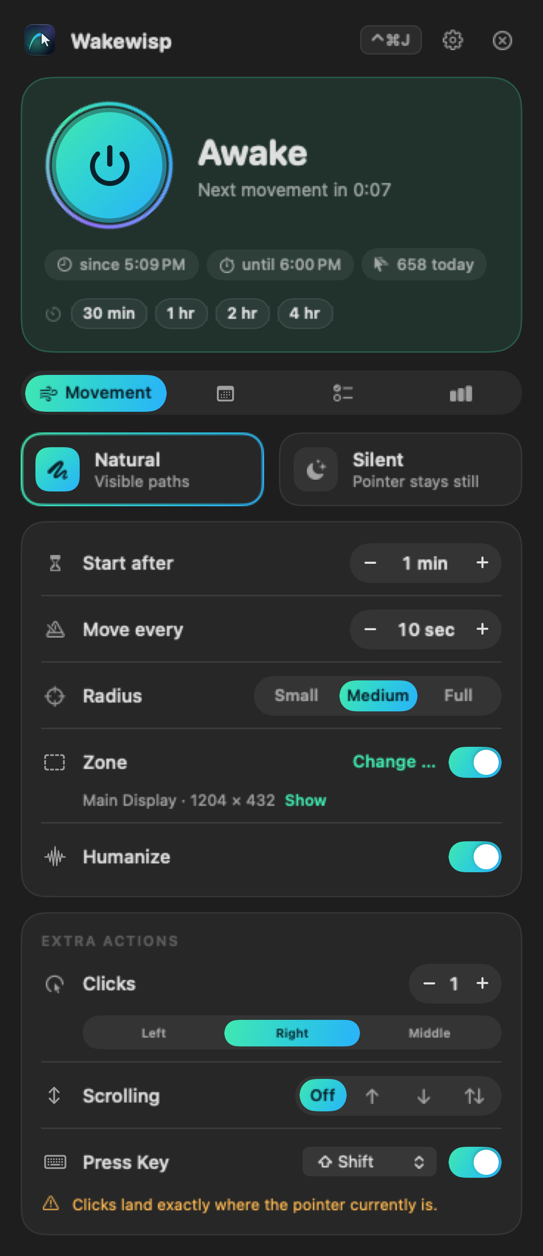 Wakewisp window in the menu bar: “Awake” status, quick start, movement style and settings