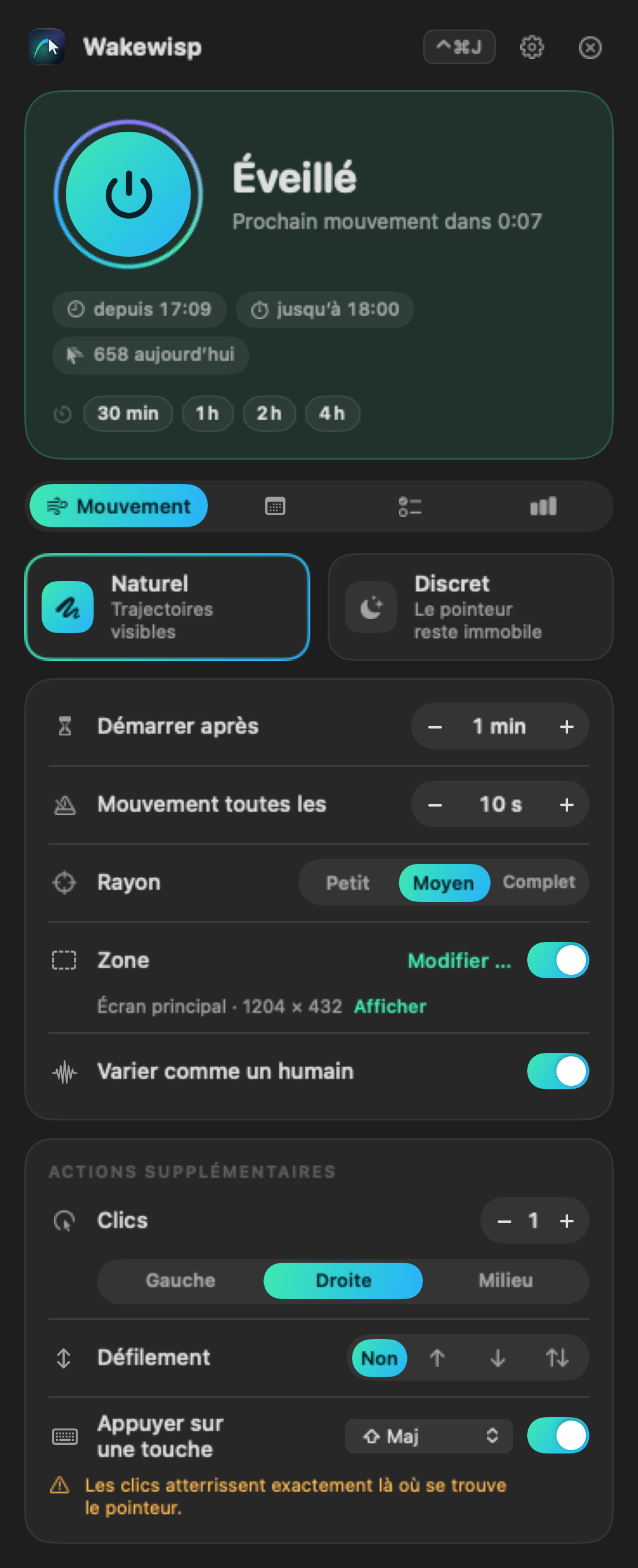 Fenêtre Wakewisp dans la barre des menus : état « Éveillé », démarrage rapide, style de mouvement et réglages