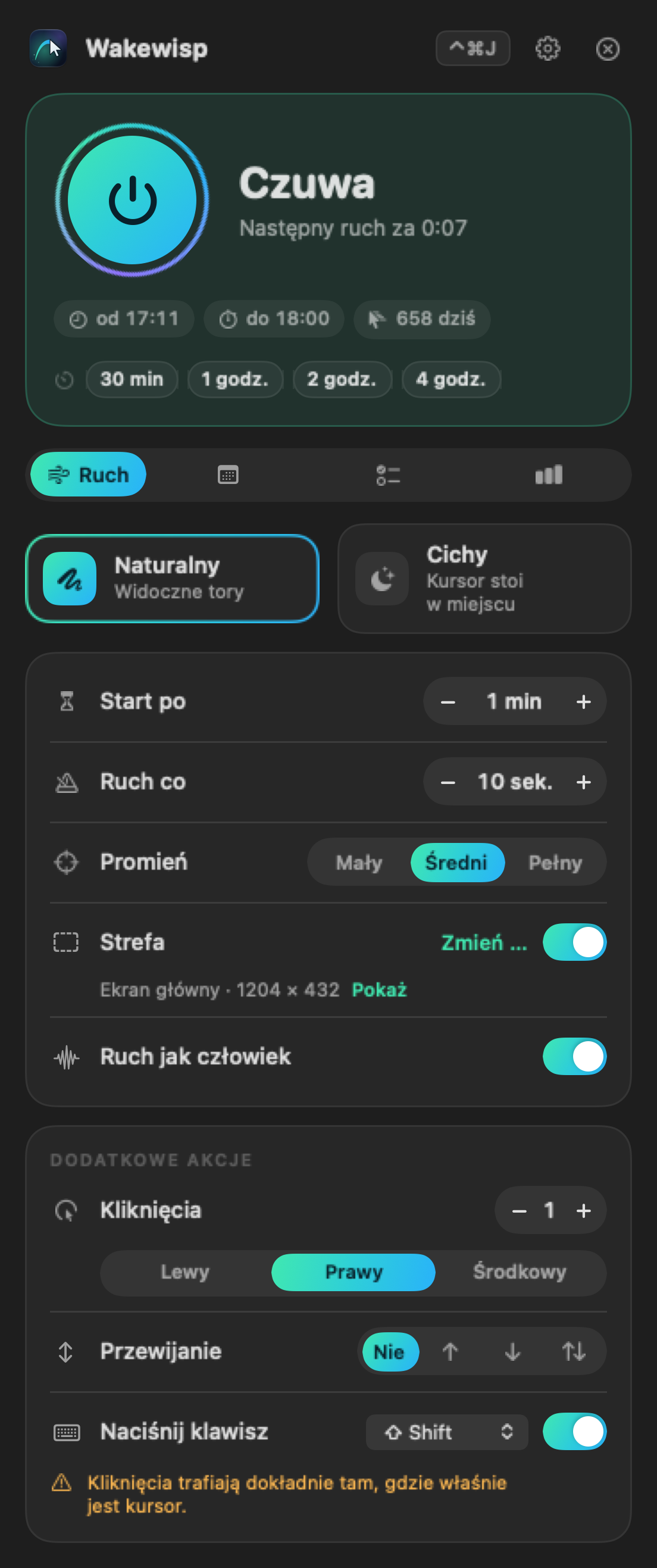 Okno Wakewisp na pasku menu: status „Czuwa”, szybki start, styl ruchu i ustawienia