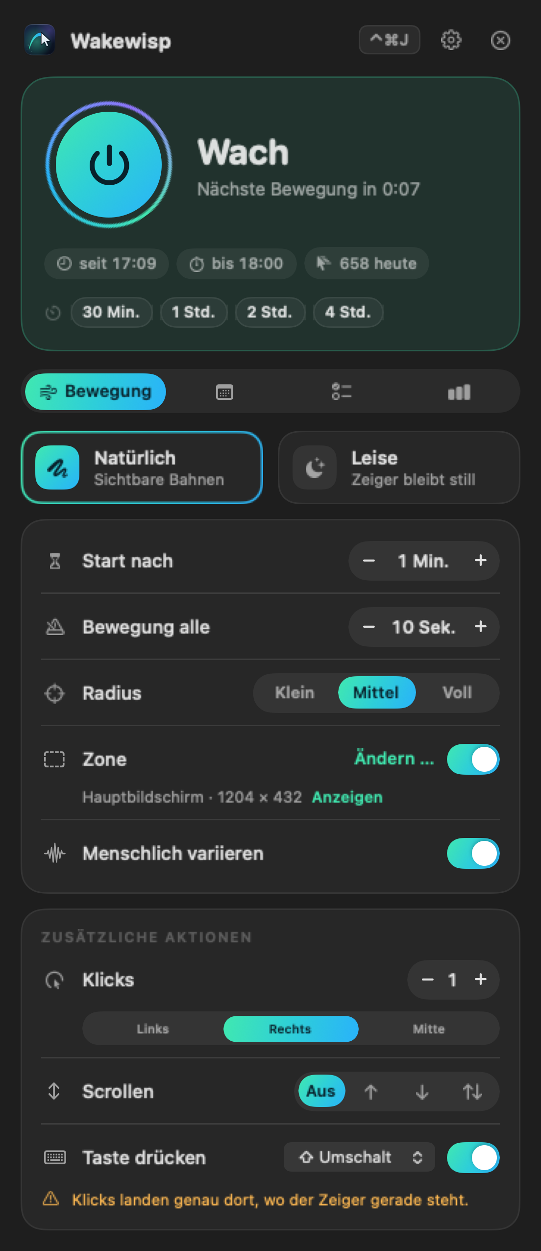 Wakewisp-Fenster in der Menüleiste: Status „Wach“, Schnellstart, Bewegungsstil und Einstellungen