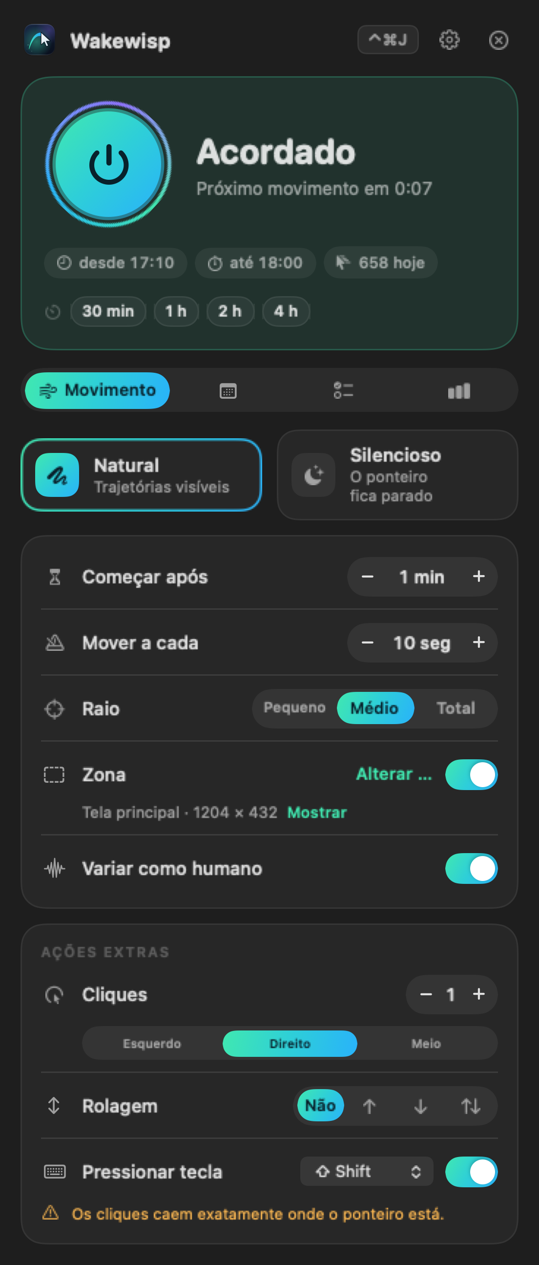 Janela do Wakewisp na barra de menus: status “Acordado”, início rápido, estilo de movimento e ajustes